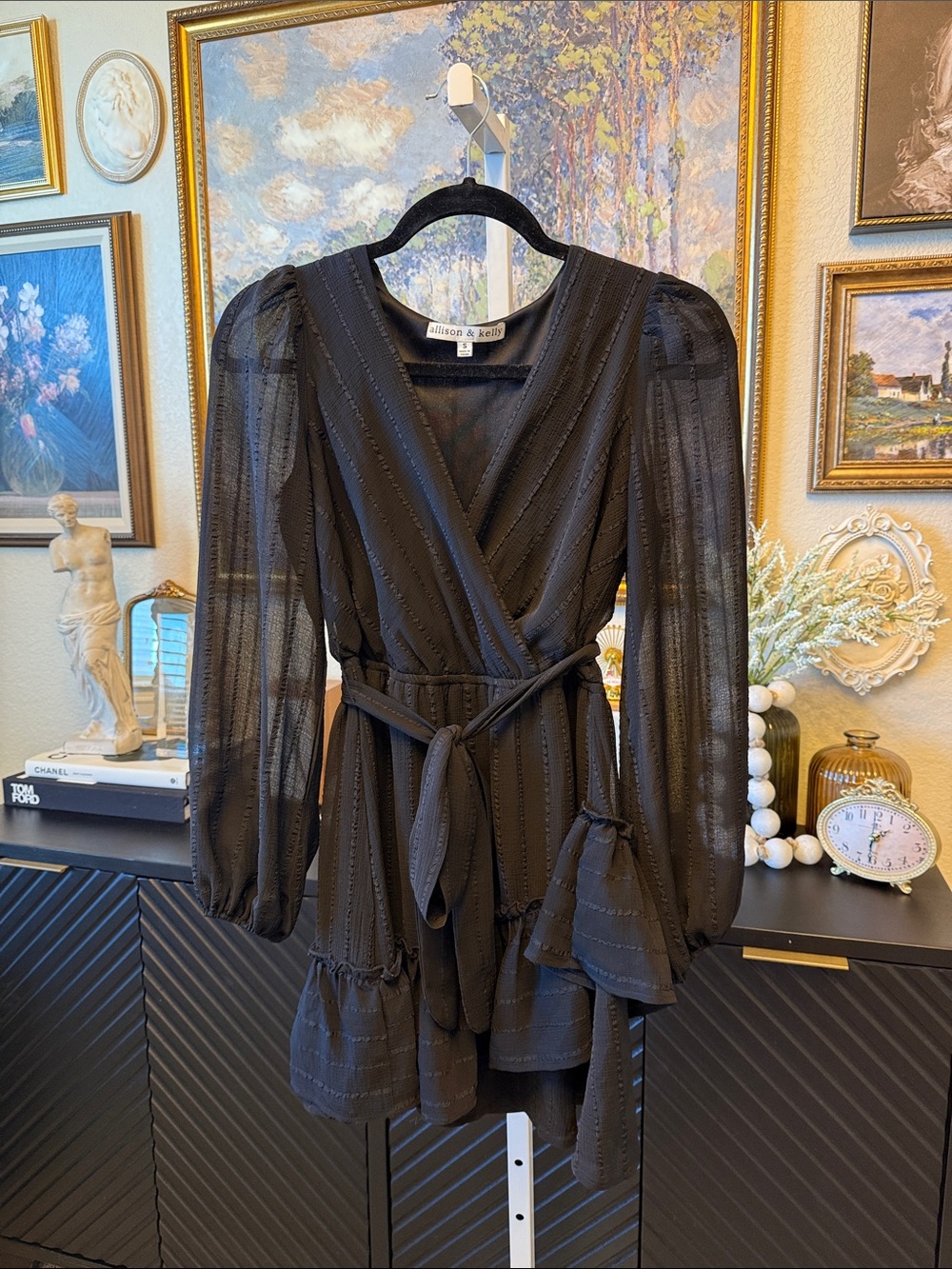 Black Sheer Long-Sleeve Wrap Mini Dress with Tie Waist